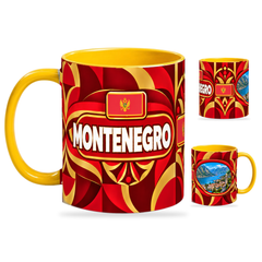 Montenegro Mug Yellow – 320ml with yellow handle, showing the country-name side plus companion centered-flag and landmark views of the glossy full-wrap design by Fann Bliss.