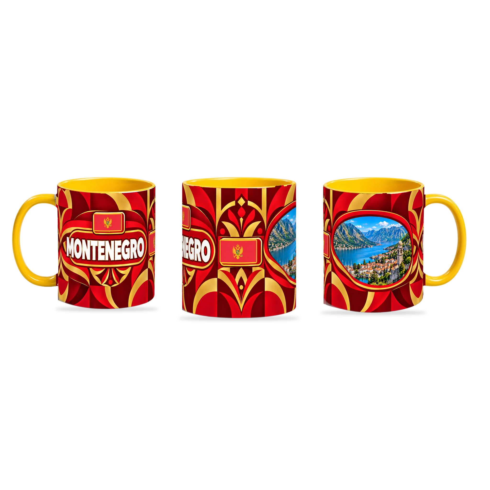Montenegro Mug Yellow – 320ml with yellow handle, shown in three matching angles of the glossy full-wrap design by Fann Bliss.