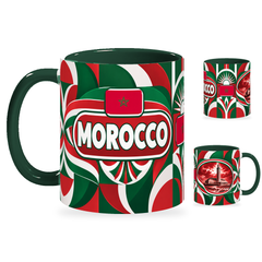 Morocco Mug – 320ml with dark green handle, showing the country-name side plus companion centered-flag and landmark views of the glossy full-wrap design by Fann Bliss.