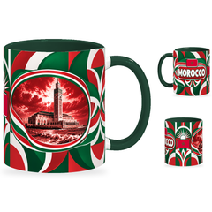 Morocco Mug – 320ml with dark green handle, showing the landmark side plus companion country-name and centered-flag views of the glossy full-wrap design by Fann Bliss.