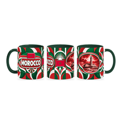 Morocco Mug – 320ml with dark green handle, shown in three matching angles of the glossy full-wrap design by Fann Bliss.