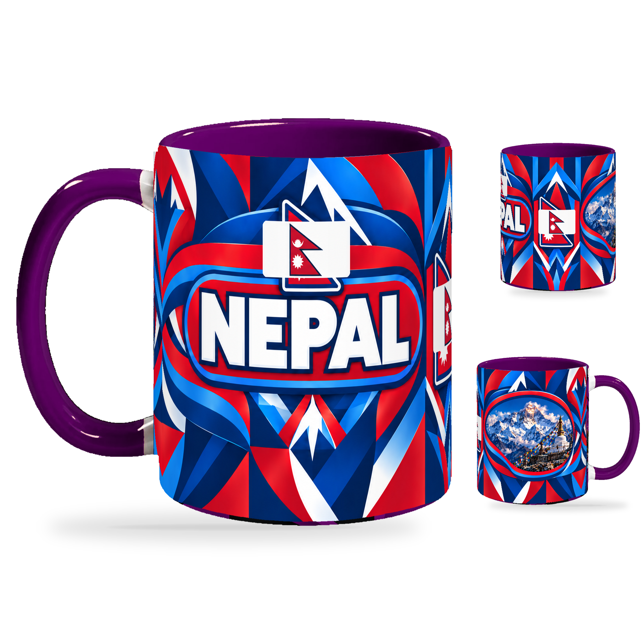 Nepal Mug Purple – 320ml with purple handle, showing the country-name side plus companion centered-flag and landmark views of the glossy full-wrap design by Fann Bliss.