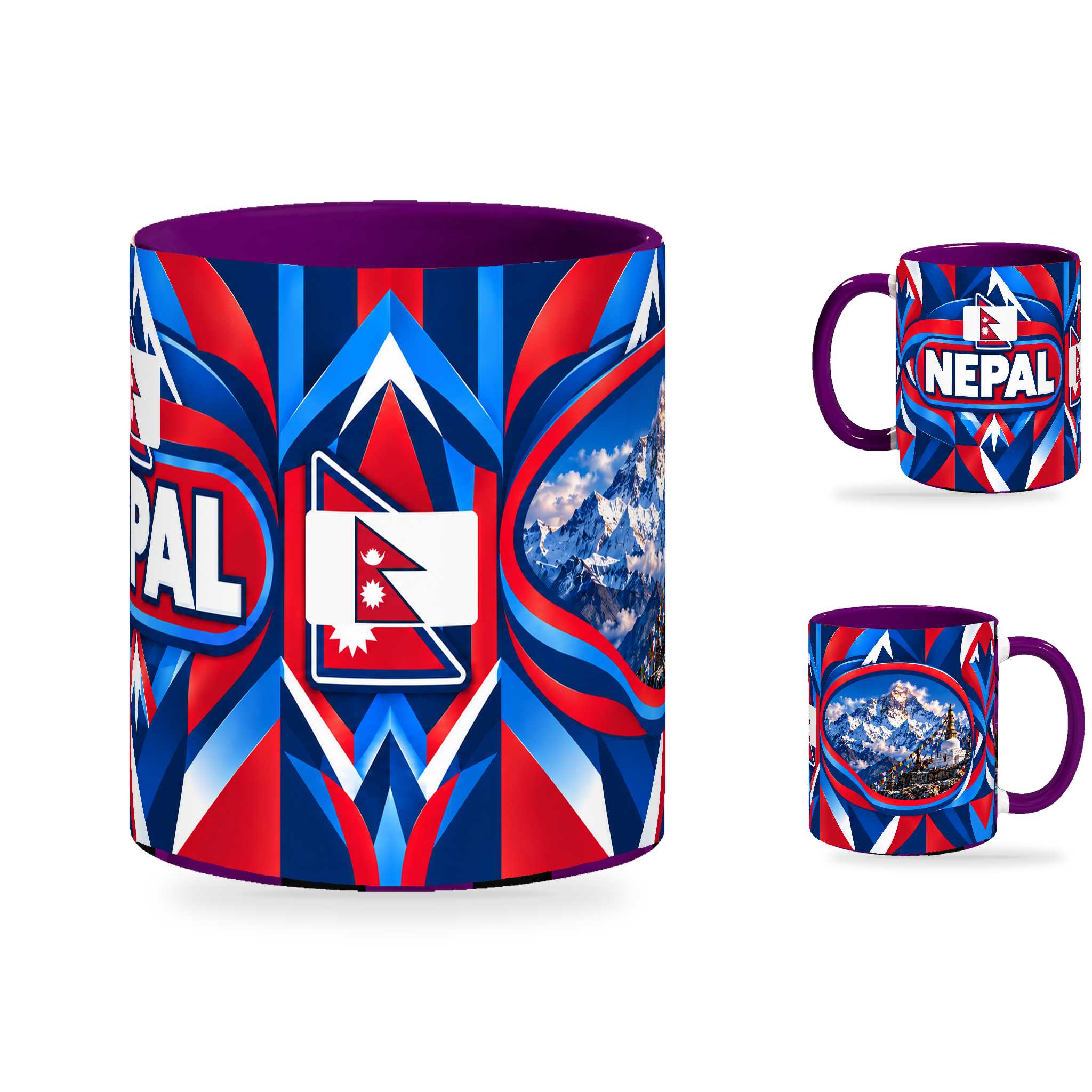 Nepal Mug Purple – 320ml with purple handle, showing the centered flag view plus companion country-name and landmark views of the glossy full-wrap design by Fann Bliss.