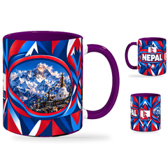 Nepal Mug Purple – 320ml with purple handle, showing the landmark side plus companion country-name and centered-flag views of the glossy full-wrap design by Fann Bliss.