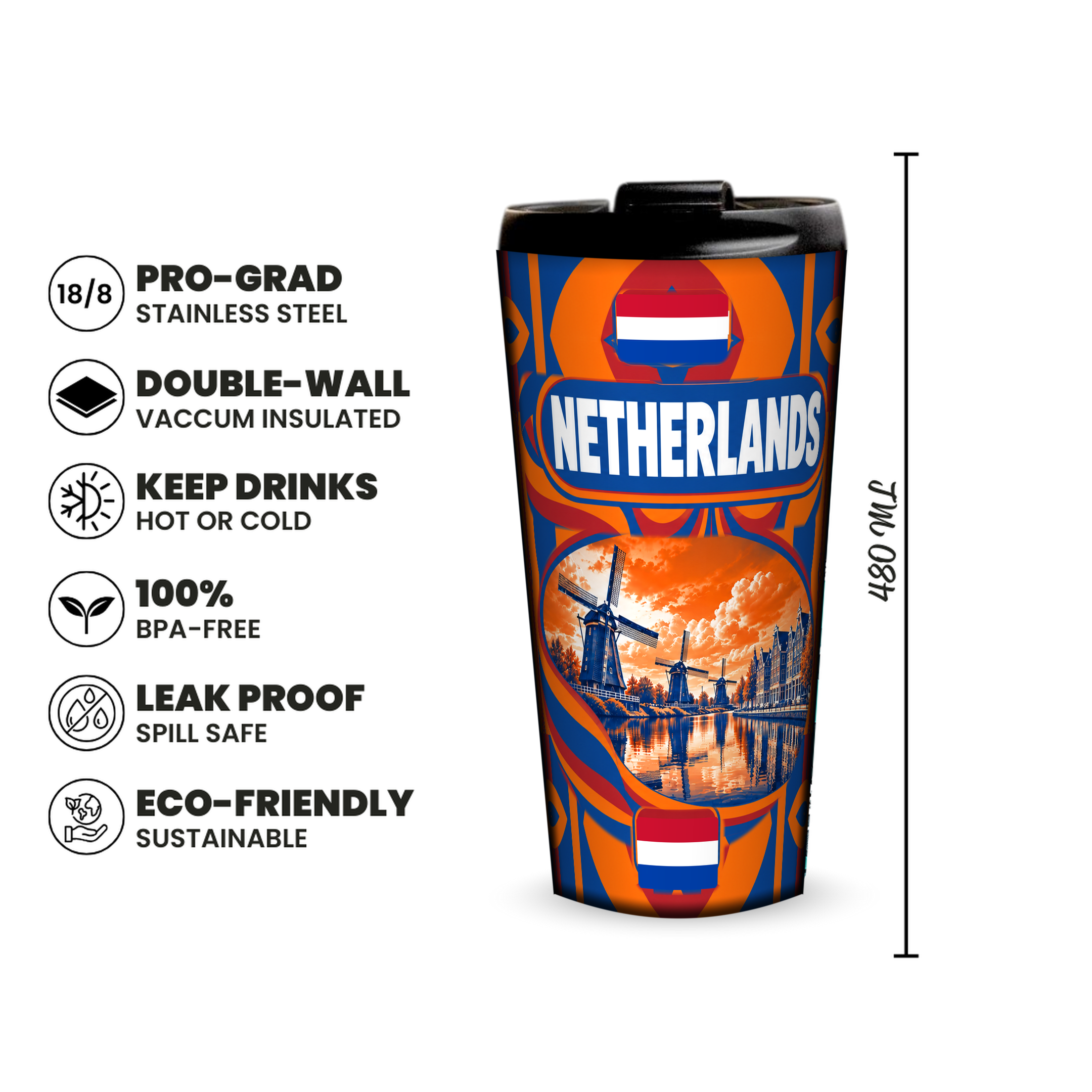 Netherlands 480ml insulated tumbler features and size