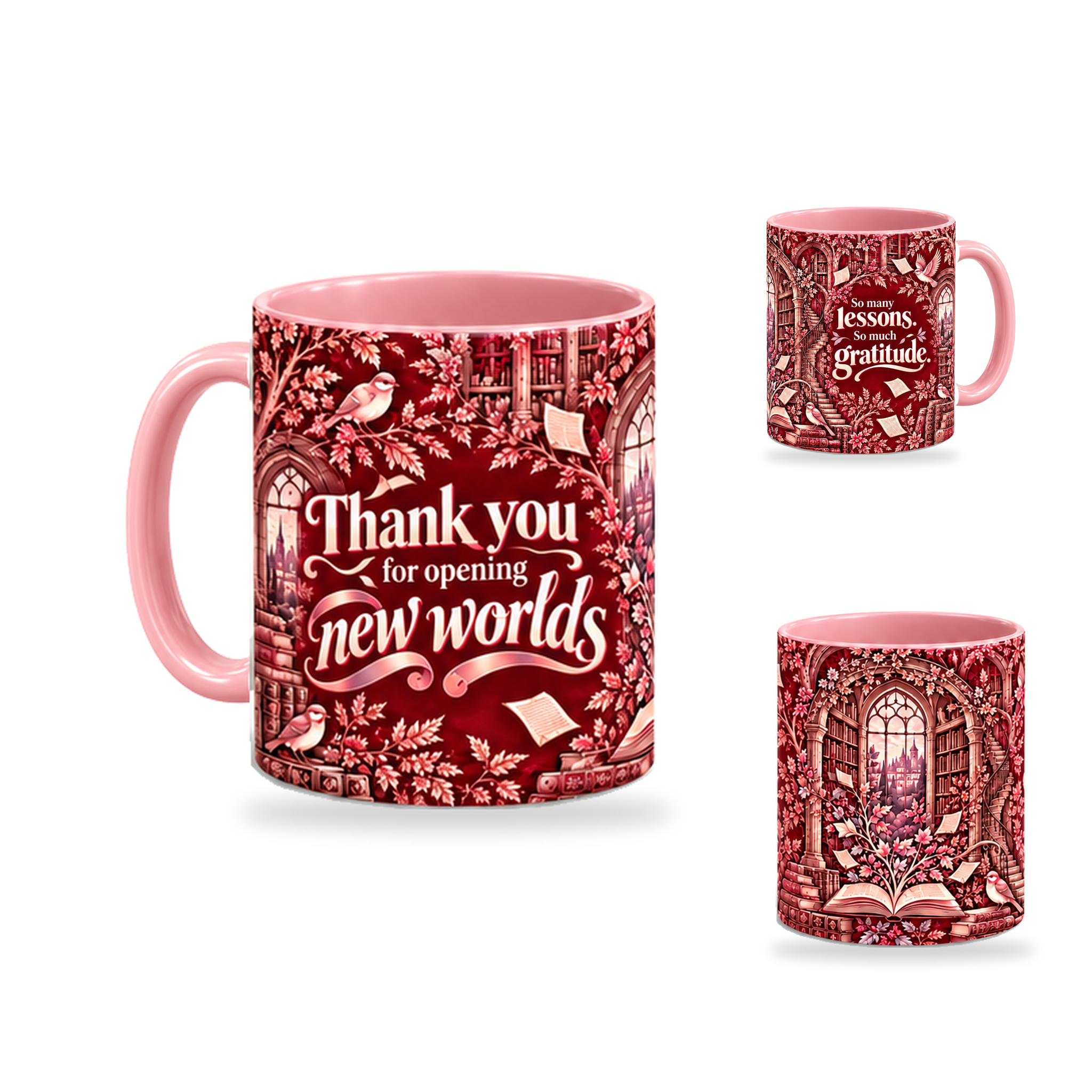 New Worlds Mug – 320ml, Pink ceramic mug, opposite-side of the Teacher’s Day artwork