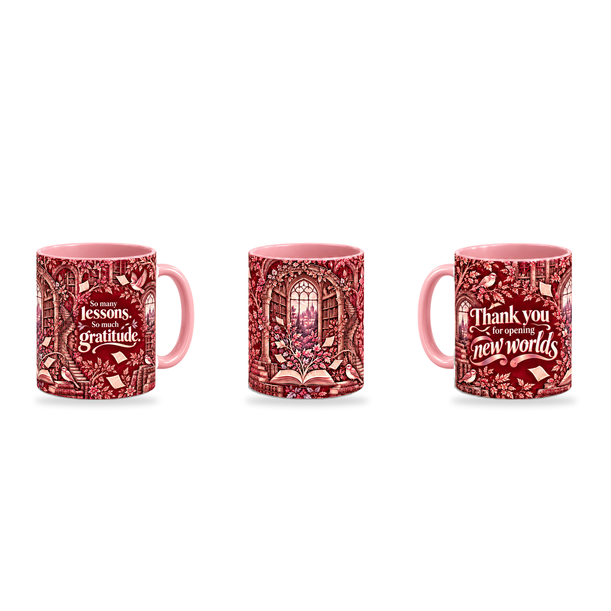 New Worlds Mug – 320ml, Pink ceramic mug, three-angle overview of the Teacher’s Day artwork