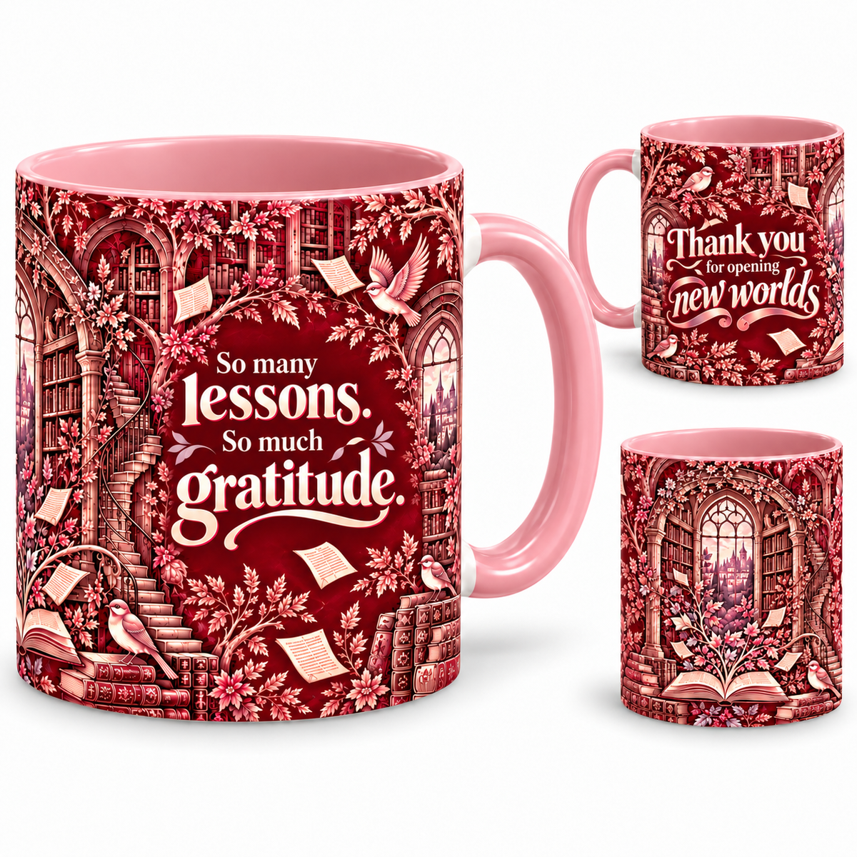 New Worlds Mug – 320ml, pink ceramic mug, views of the full-wrap Teacher’s Day design