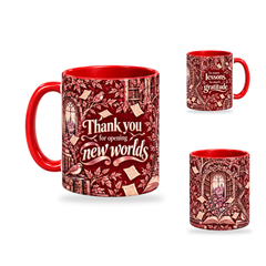 New Worlds Mug – 320ml, Red ceramic mug, opposite-side of the Teacher’s Day artwork