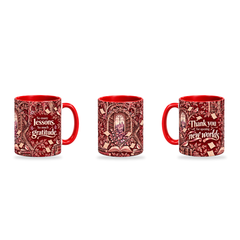 New Worlds Mug – 320ml, Red ceramic mug, three-angle overview of the Teacher’s Day artwork