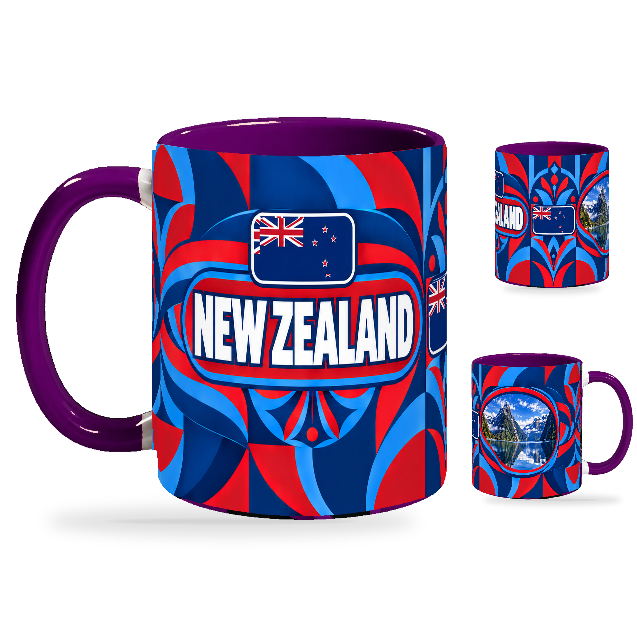 New Zealand Mug Purple – 320ml with purple handle, showing the country-name side plus companion centered-flag and landmark views of the glossy full-wrap design by Fann Bliss.