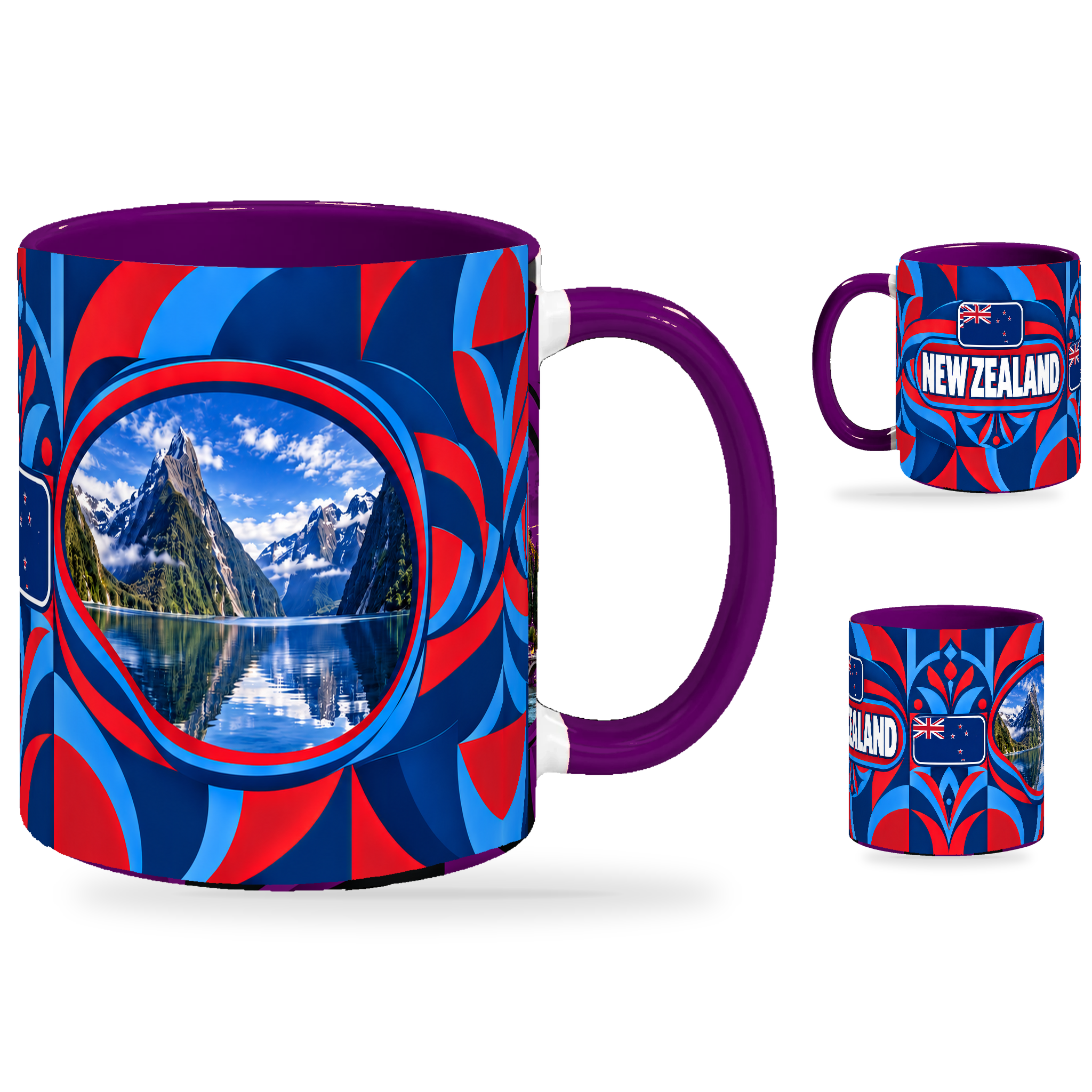 New Zealand Mug Purple – 320ml with purple handle, showing the landmark side plus companion country-name and centered-flag views of the glossy full-wrap design by Fann Bliss.