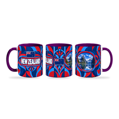 New Zealand Mug Purple – 320ml with purple handle, shown in three matching angles of the glossy full-wrap design by Fann Bliss.
