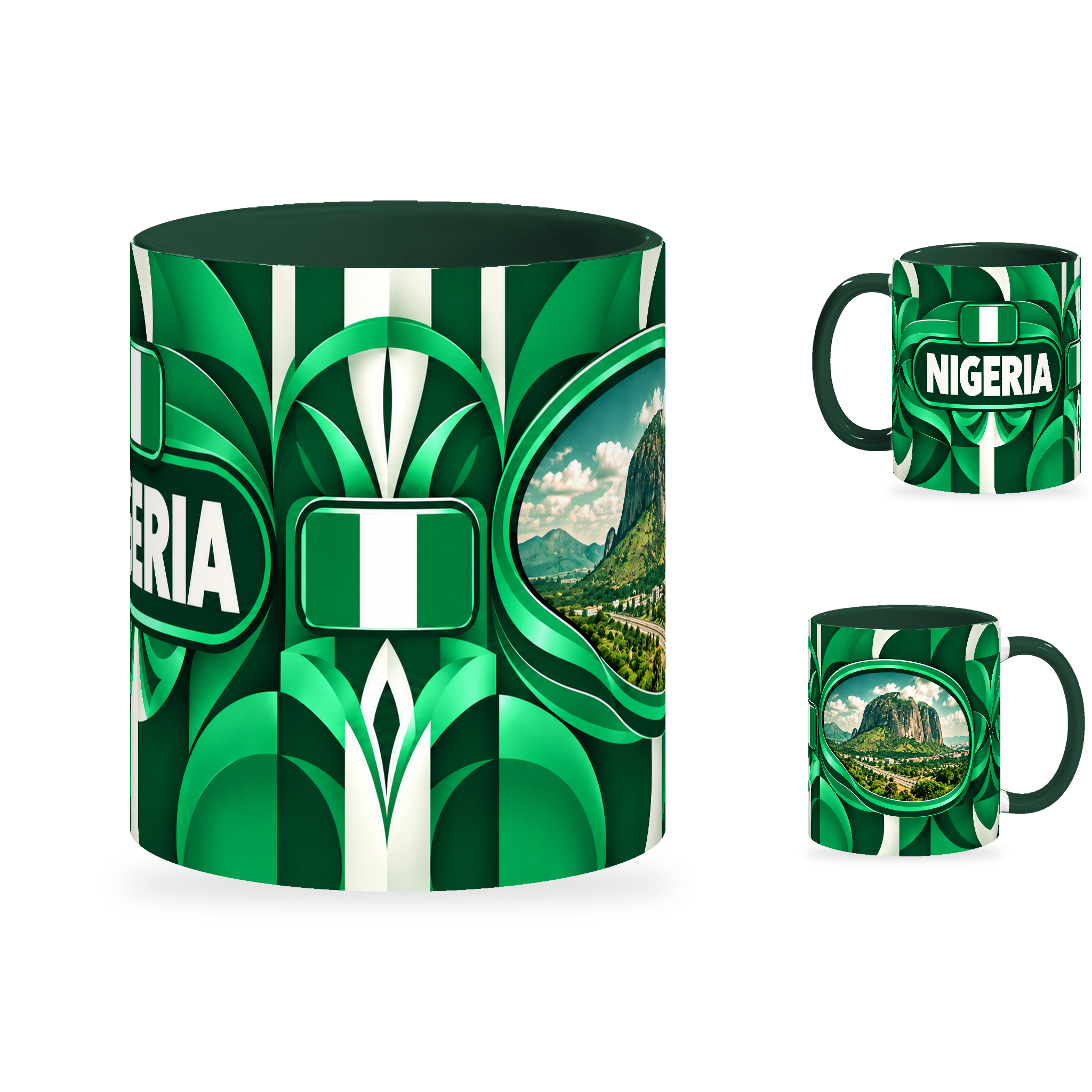 Nigeria Mug – 320ml with dark green handle, showing the centered flag view plus companion country-name and landmark views of the glossy full-wrap design by Fann Bliss.