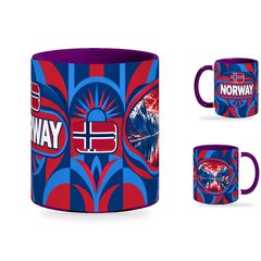 Norway Mug Purple – 320ml with purple handle, showing the centered flag view plus companion country-name and landmark views of the glossy full-wrap design by Fann Bliss.
