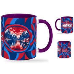 Norway Mug Purple – 320ml with purple handle, showing the landmark side plus companion country-name and centered-flag views of the glossy full-wrap design by Fann Bliss.
