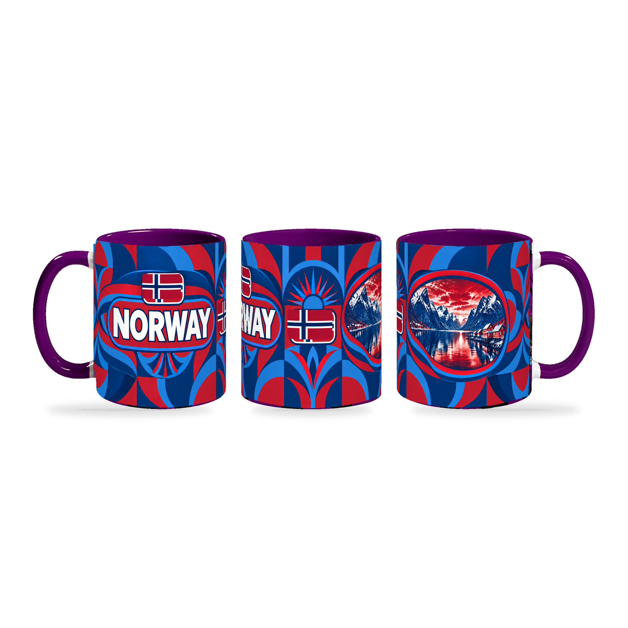 Norway Mug Purple – 320ml with purple handle, shown in three matching angles of the glossy full-wrap design by Fann Bliss.