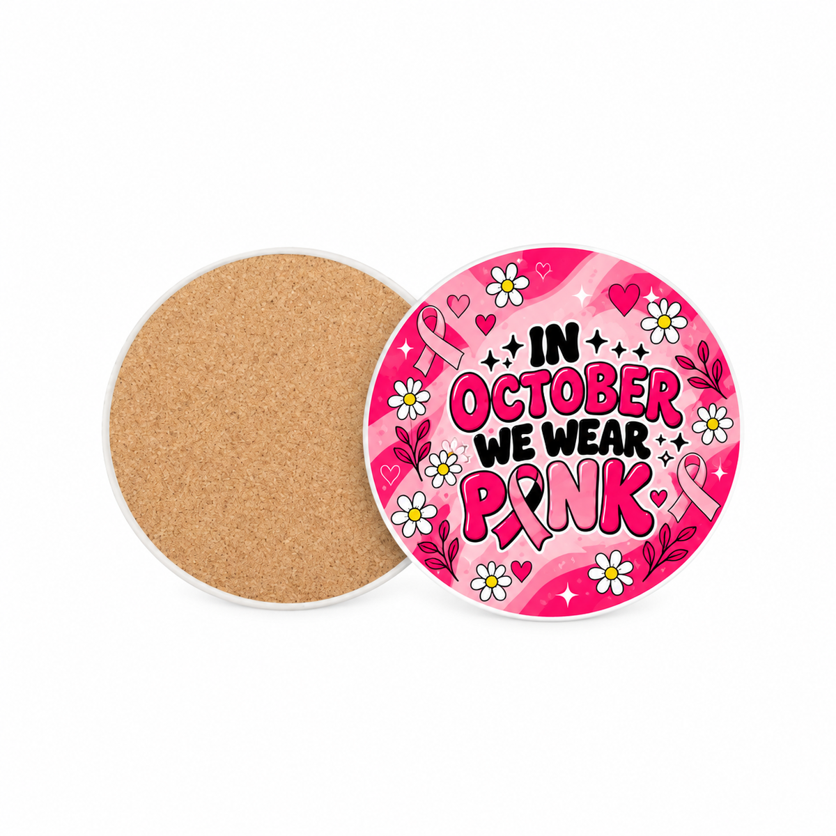 October Pink Pinktober 10cm round ceramic coaster, printed front and cork back