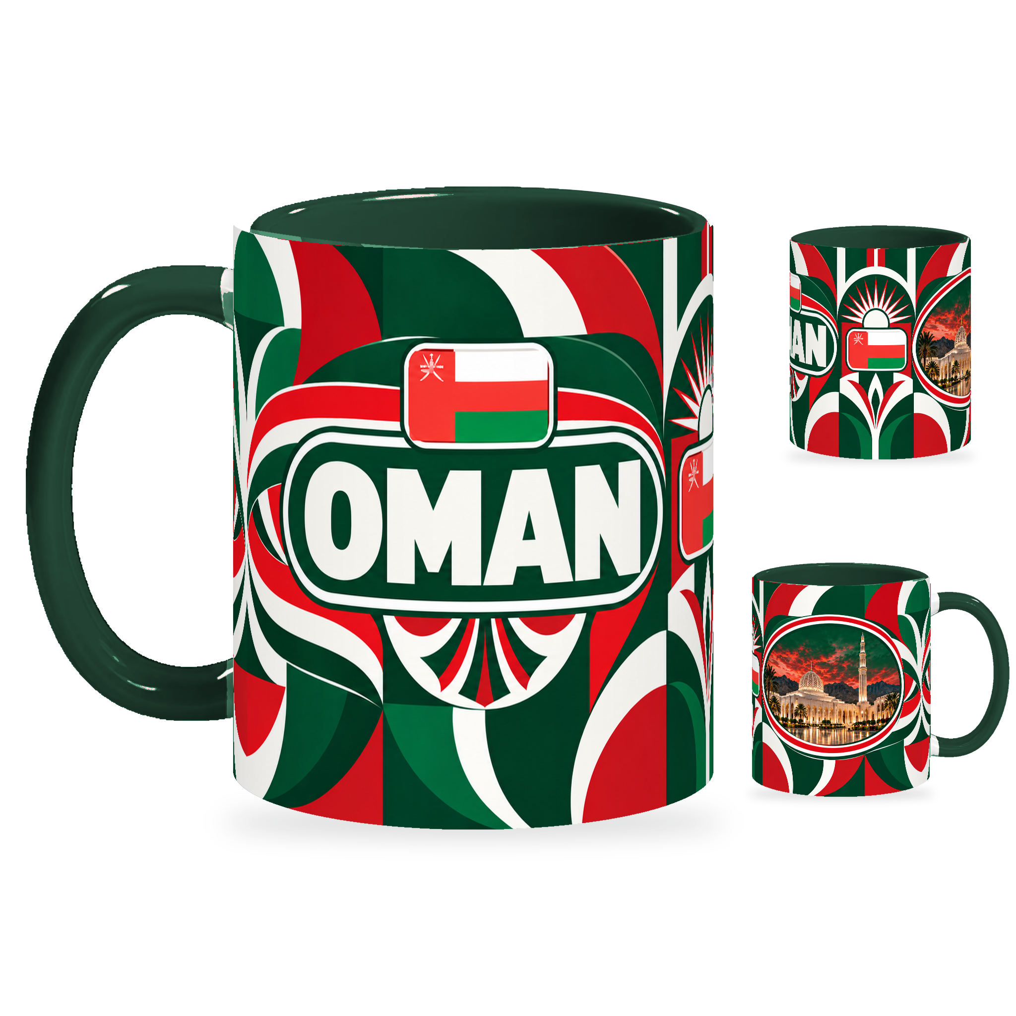Oman Mug – 320ml with dark green handle, showing the country-name side plus companion centered-flag and landmark views of the glossy full-wrap design by Fann Bliss.
