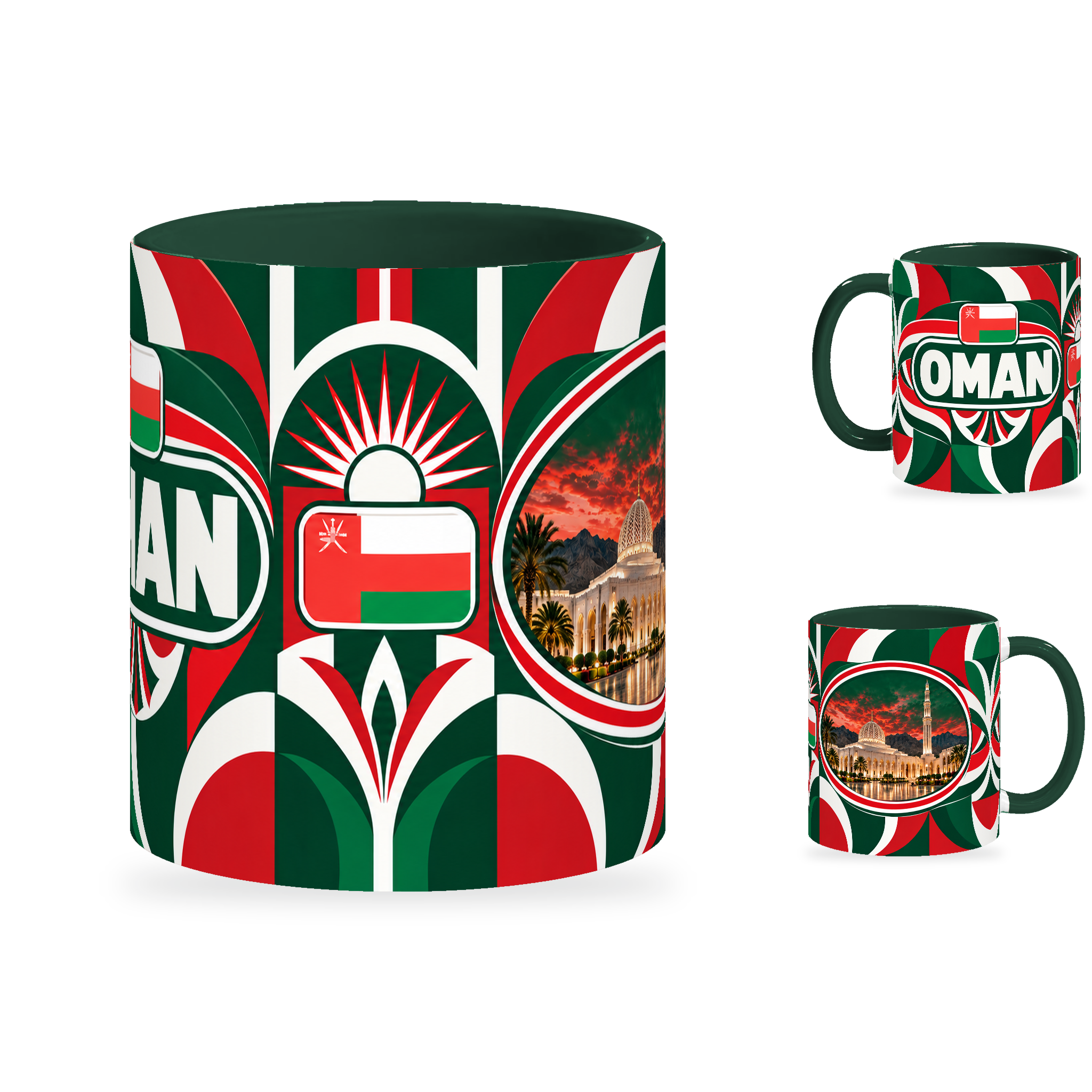 Oman Mug – 320ml with dark green handle, showing the centered flag view plus companion country-name and landmark views of the glossy full-wrap design by Fann Bliss.