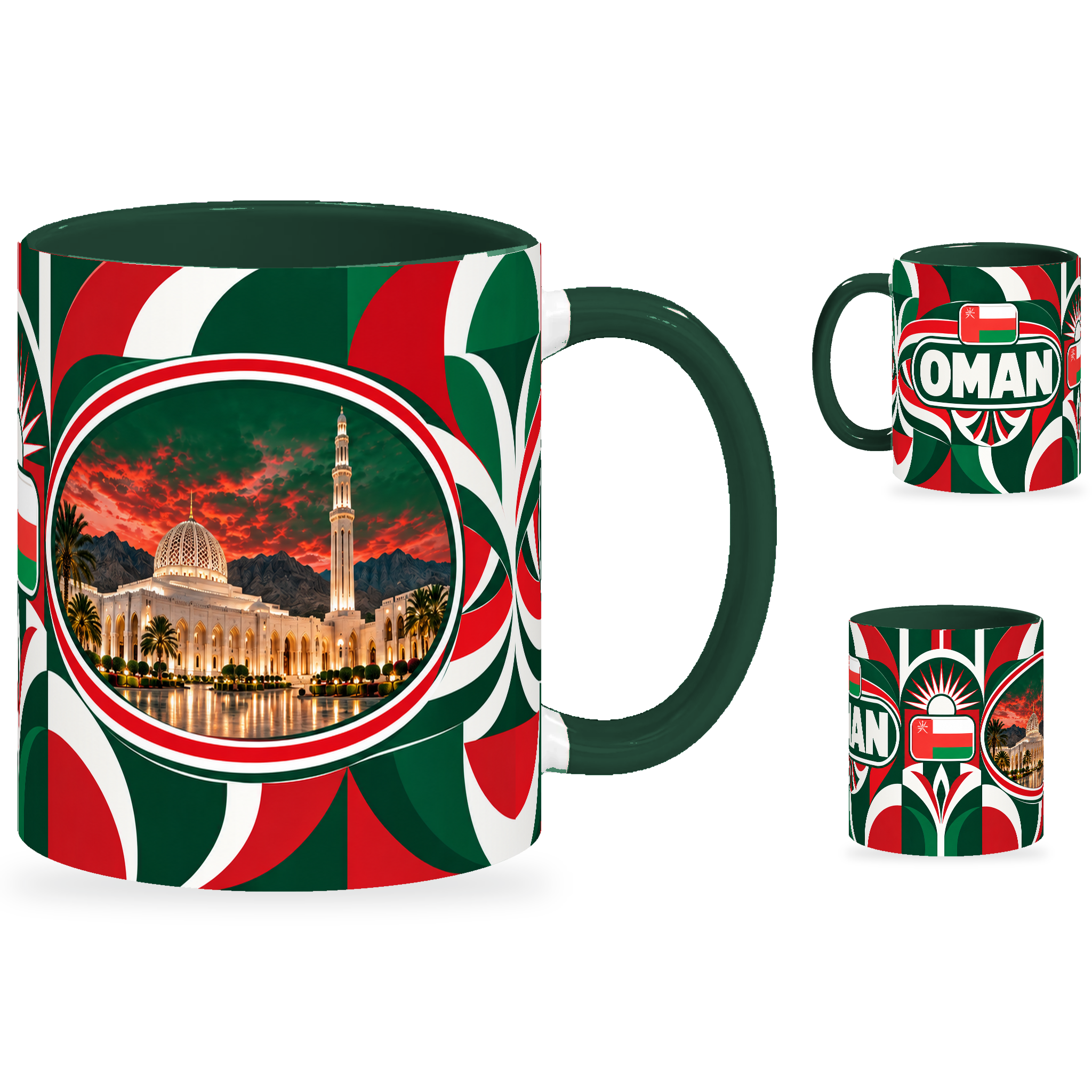 Oman Mug – 320ml with dark green handle, showing the landmark side plus companion country-name and centered-flag views of the glossy full-wrap design by Fann Bliss.