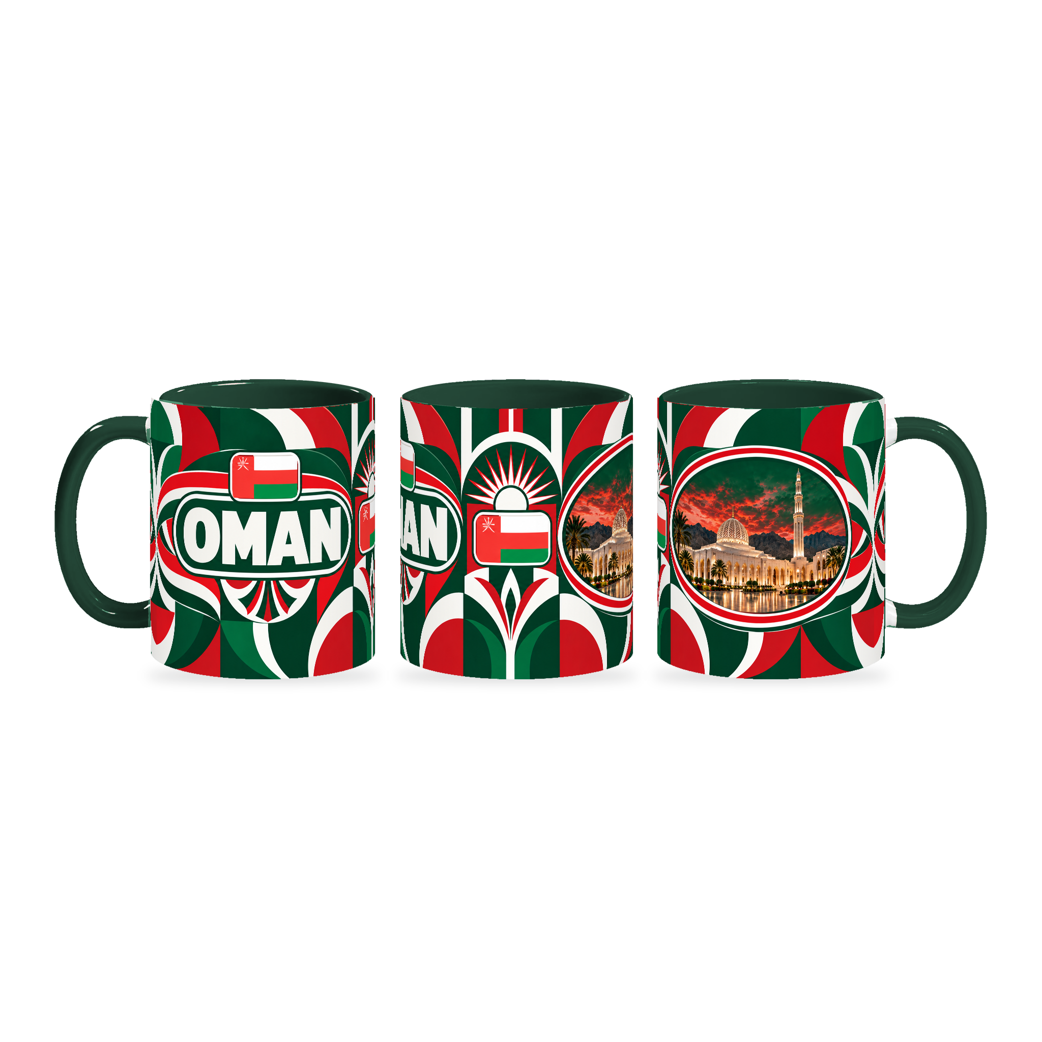 Oman Mug – 320ml with dark green handle, shown in three matching angles of the glossy full-wrap design by Fann Bliss.