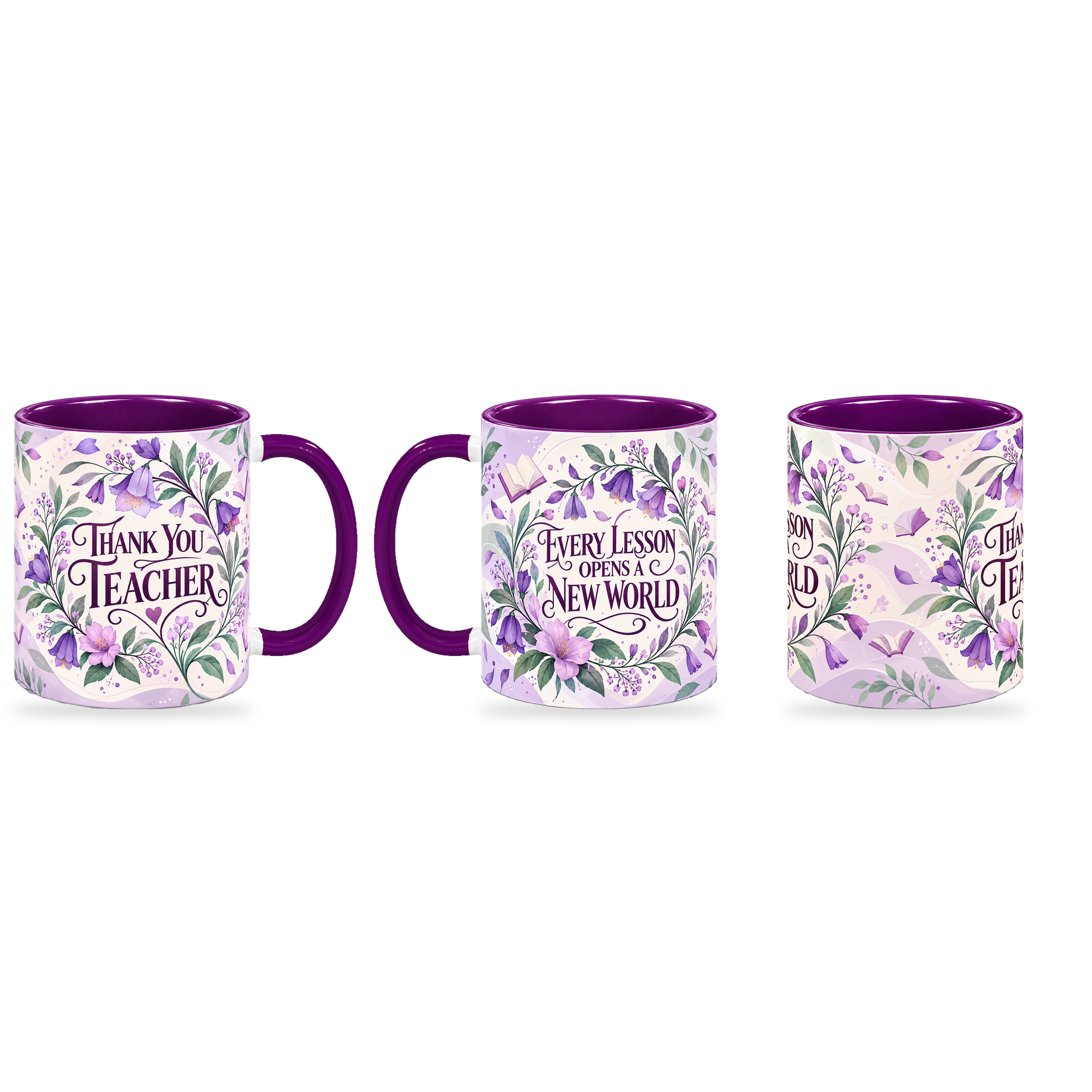 Orchid Knowledge Teacher Mug – 320ml — right, left and front views together on a transparent background