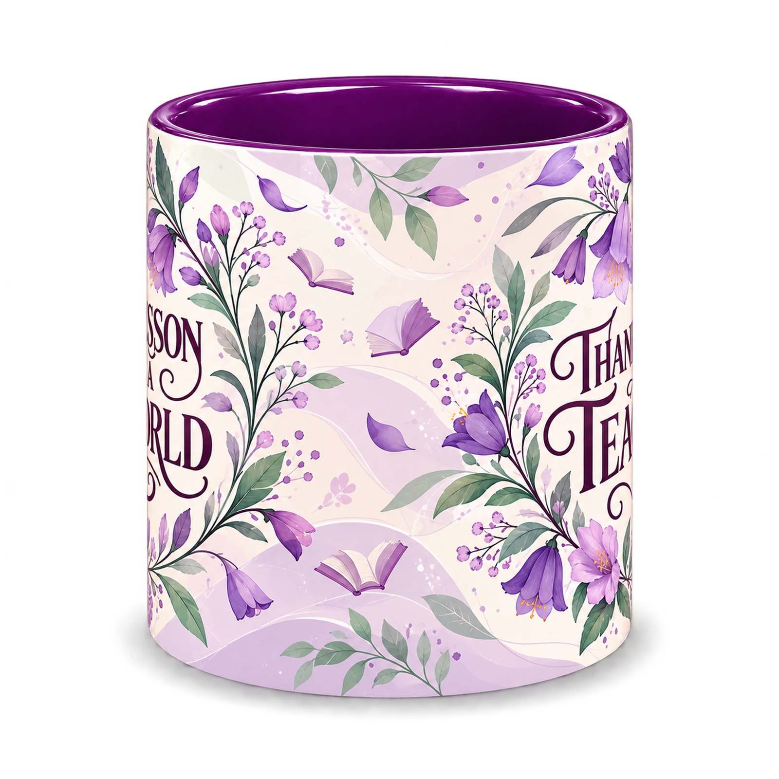 Orchid Knowledge Teacher Mug, purple – centre view of the full-wrap pattern