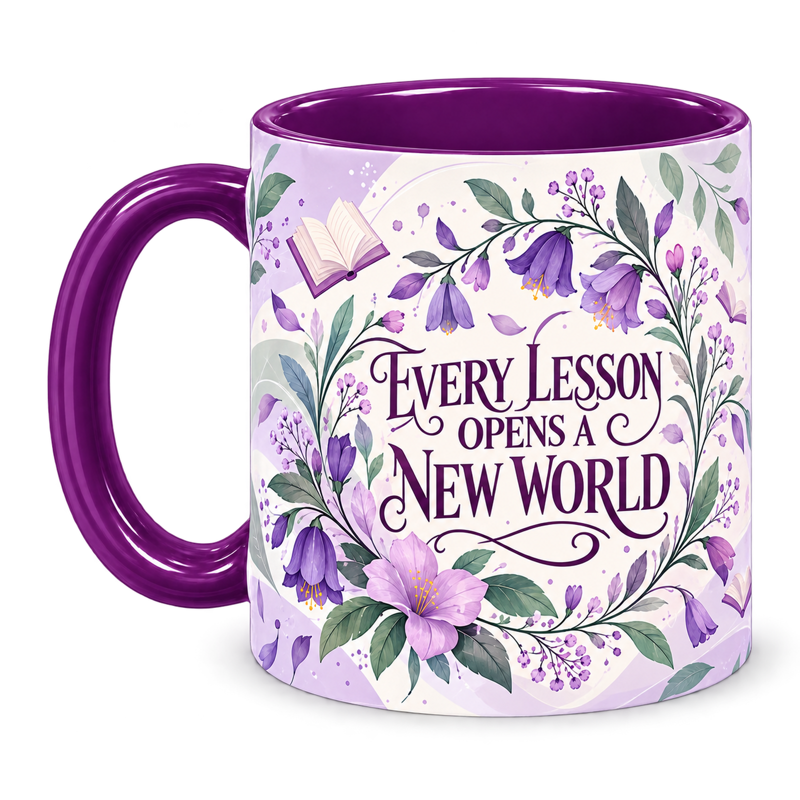 Orchid Knowledge Teacher Mug, purple – handle on the left, EVERY LESSON OPENS A NEW WORLD