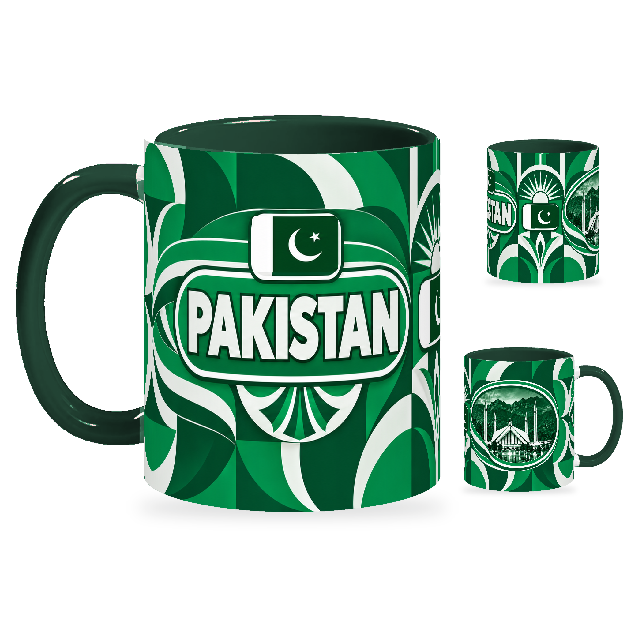 Pakistan Mug – 320ml with dark green handle, showing the country-name side plus companion centered-flag and landmark views of the glossy full-wrap design by Fann Bliss.