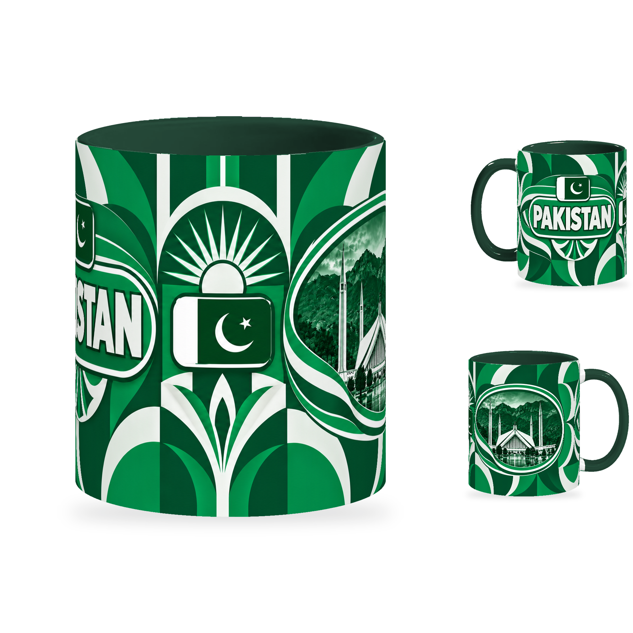 Pakistan Mug – 320ml with dark green handle, showing the centered flag view plus companion country-name and landmark views of the glossy full-wrap design by Fann Bliss.