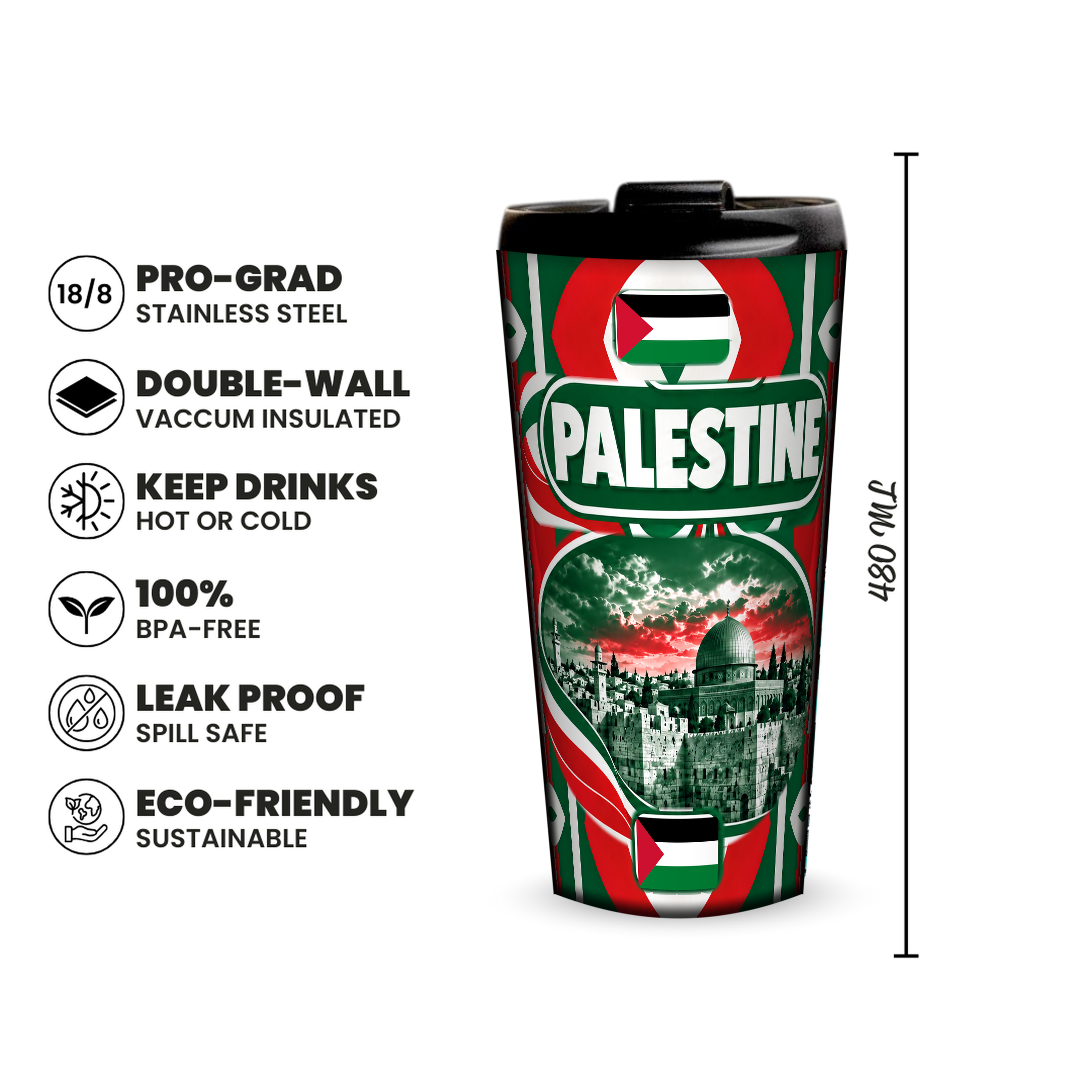 Palestine 480ml insulated tumbler features and size