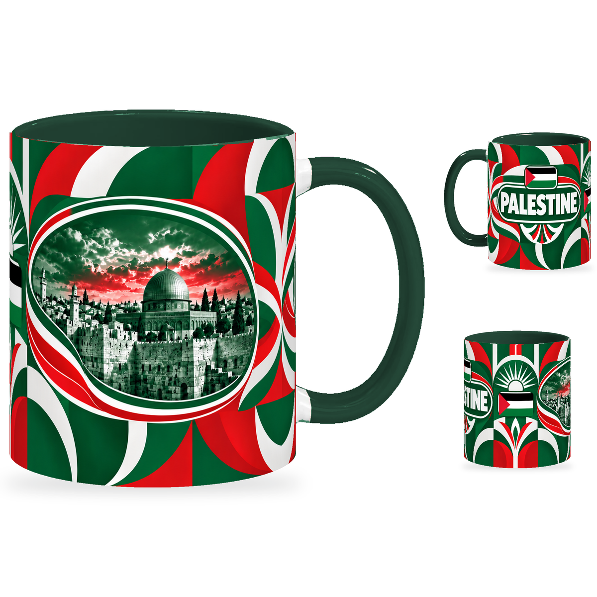 Palestine Mug – 320ml with dark green handle, showing the landmark side plus companion country-name and centered-flag views of the glossy full-wrap design by Fann Bliss.