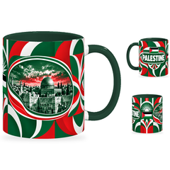 Palestine Mug – 320ml with dark green handle, showing the landmark side plus companion country-name and centered-flag views of the glossy full-wrap design by Fann Bliss.