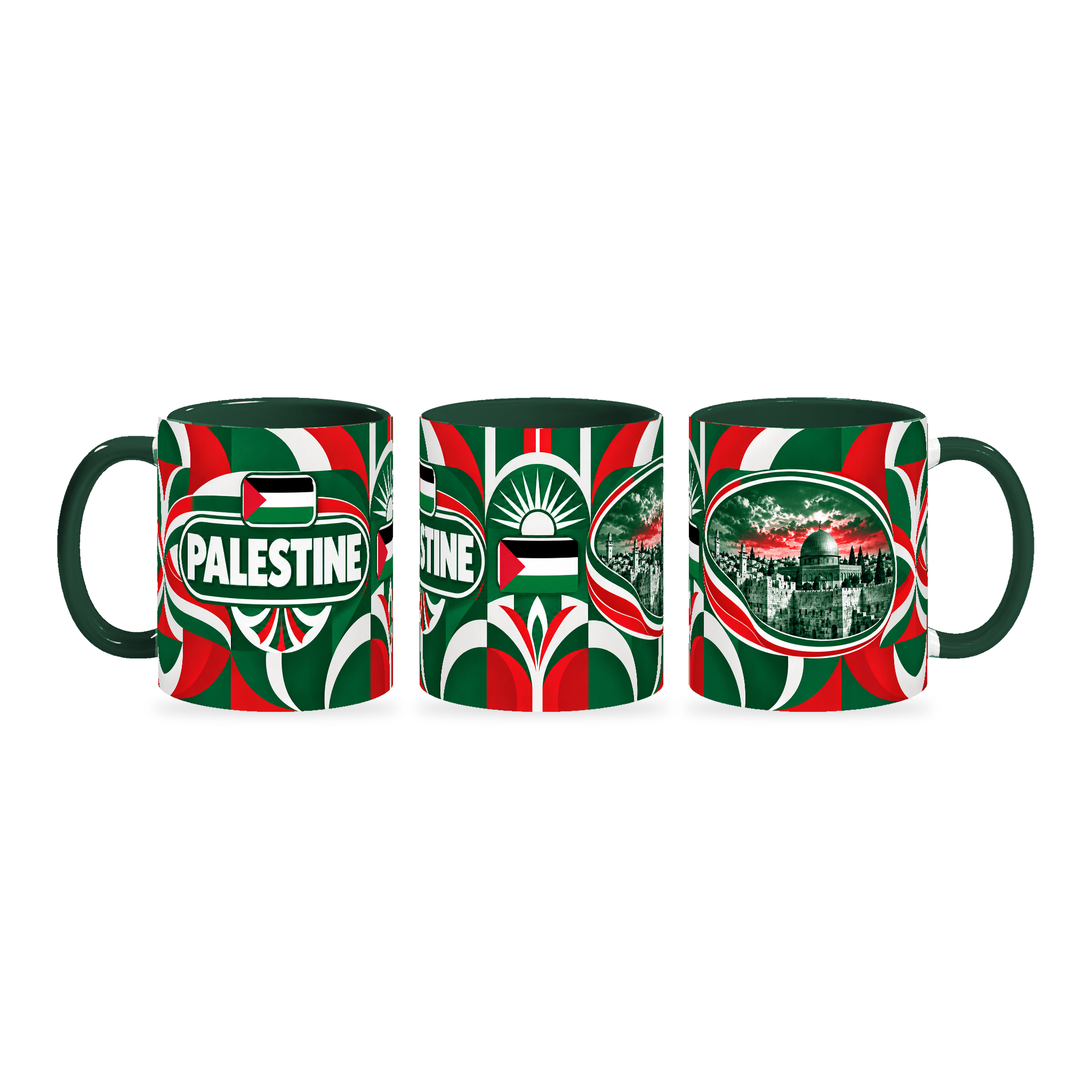 Palestine Mug – 320ml with dark green handle, shown in three matching angles of the glossy full-wrap design by Fann Bliss.