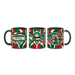 Palestine Mug – 320ml with dark green handle, shown in three matching angles of the glossy full-wrap design by Fann Bliss.