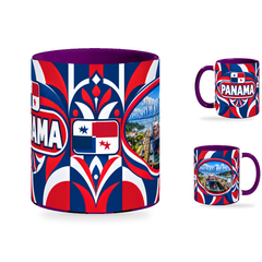Panama Mug Purple – 320ml with purple handle, showing the centered flag view plus companion country-name and landmark views of the glossy full-wrap design by Fann Bliss.