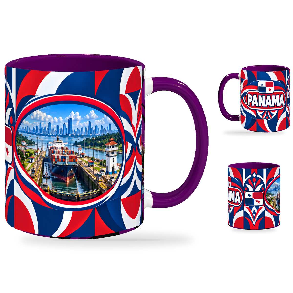 Panama Mug Purple – 320ml with purple handle, showing the landmark side plus companion country-name and centered-flag views of the glossy full-wrap design by Fann Bliss.