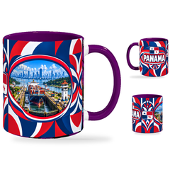 Panama Mug Purple – 320ml with purple handle, showing the landmark side plus companion country-name and centered-flag views of the glossy full-wrap design by Fann Bliss.