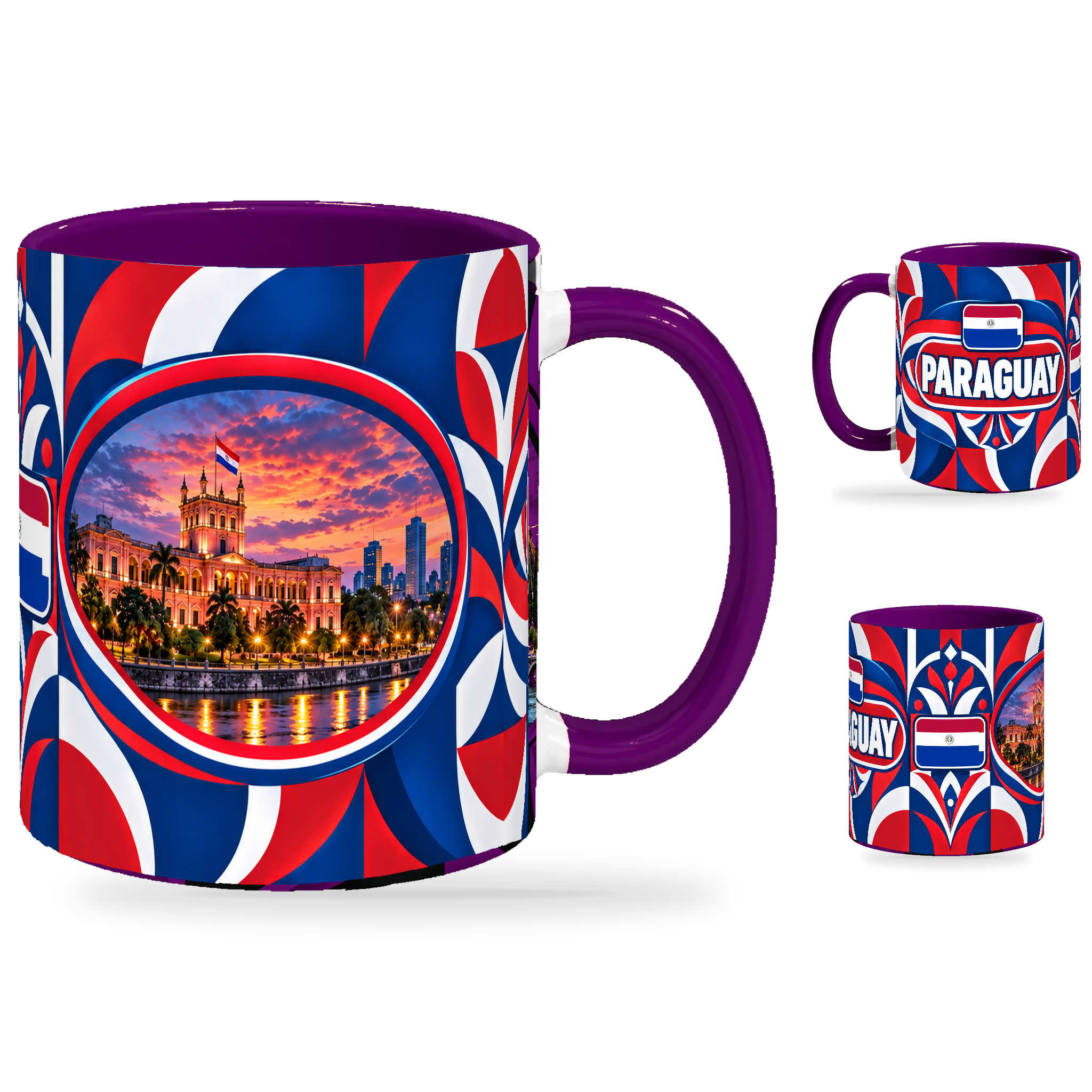 Paraguay Mug Purple – 320ml with purple handle, showing the landmark side plus companion country-name and centered-flag views of the glossy full-wrap design by Fann Bliss.