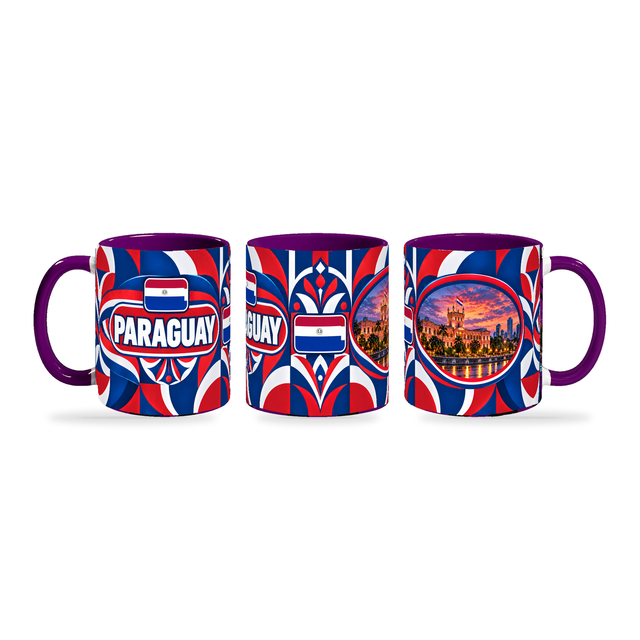 Paraguay Mug Purple – 320ml with purple handle, shown in three matching angles of the glossy full-wrap design by Fann Bliss.