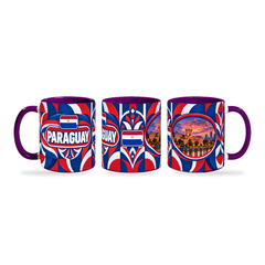Paraguay Mug Purple – 320ml with purple handle, shown in three matching angles of the glossy full-wrap design by Fann Bliss.