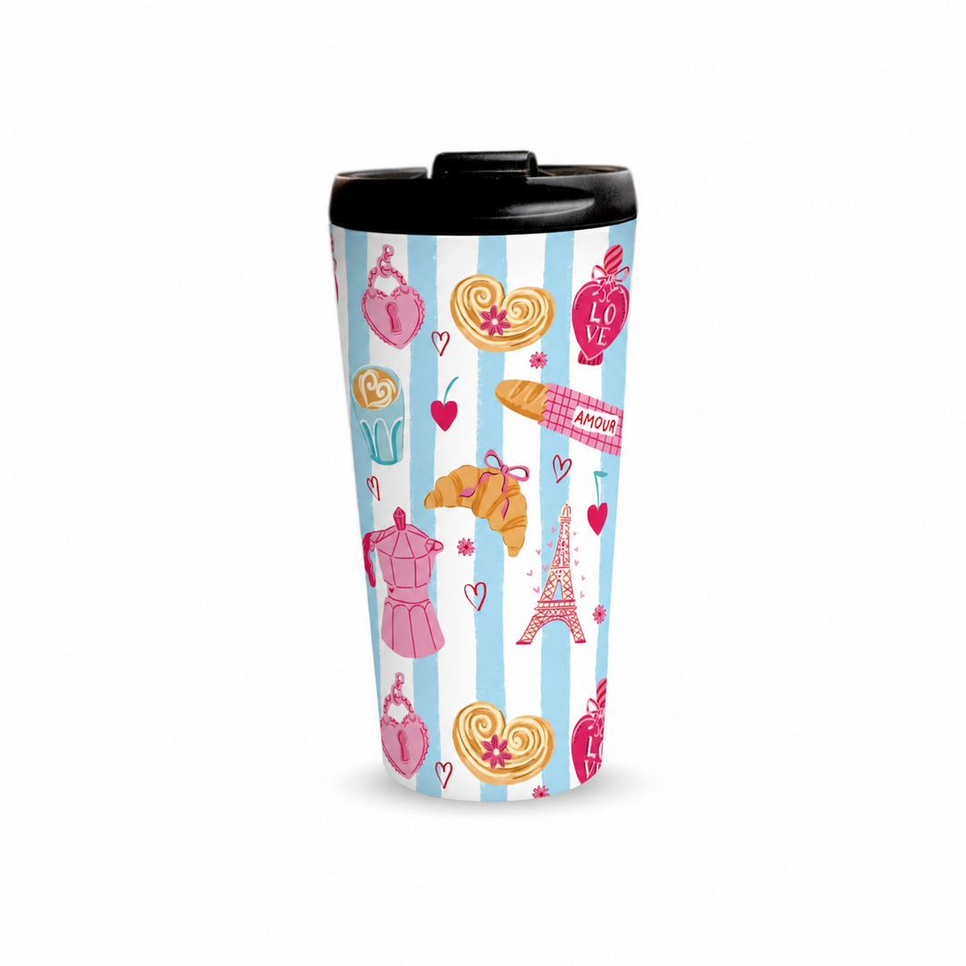 Paris 480ml Tumbler with closed black lid, front view