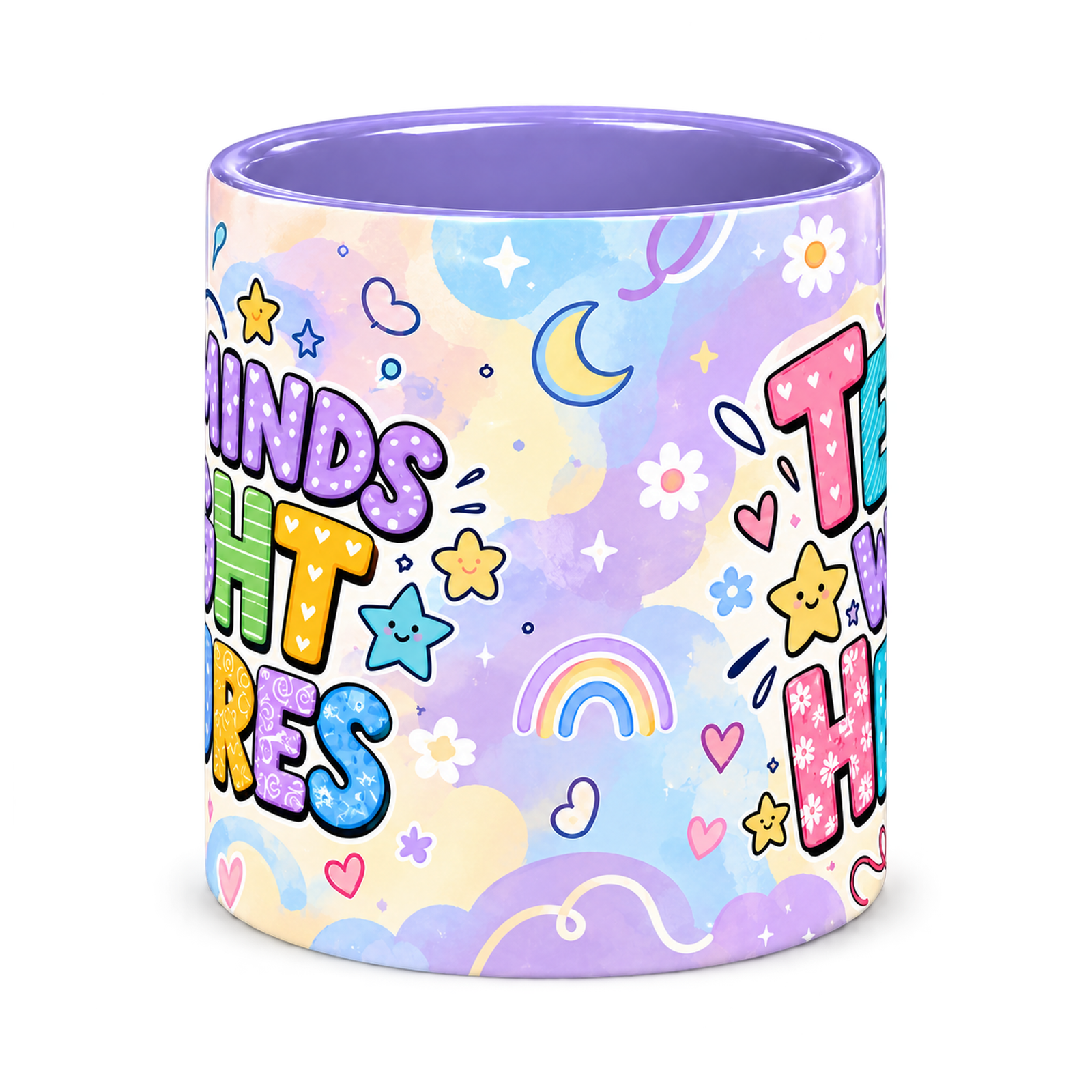 Pastel Rainbow Lessons Teacher Mug, light purple – centre view of the full-wrap pattern