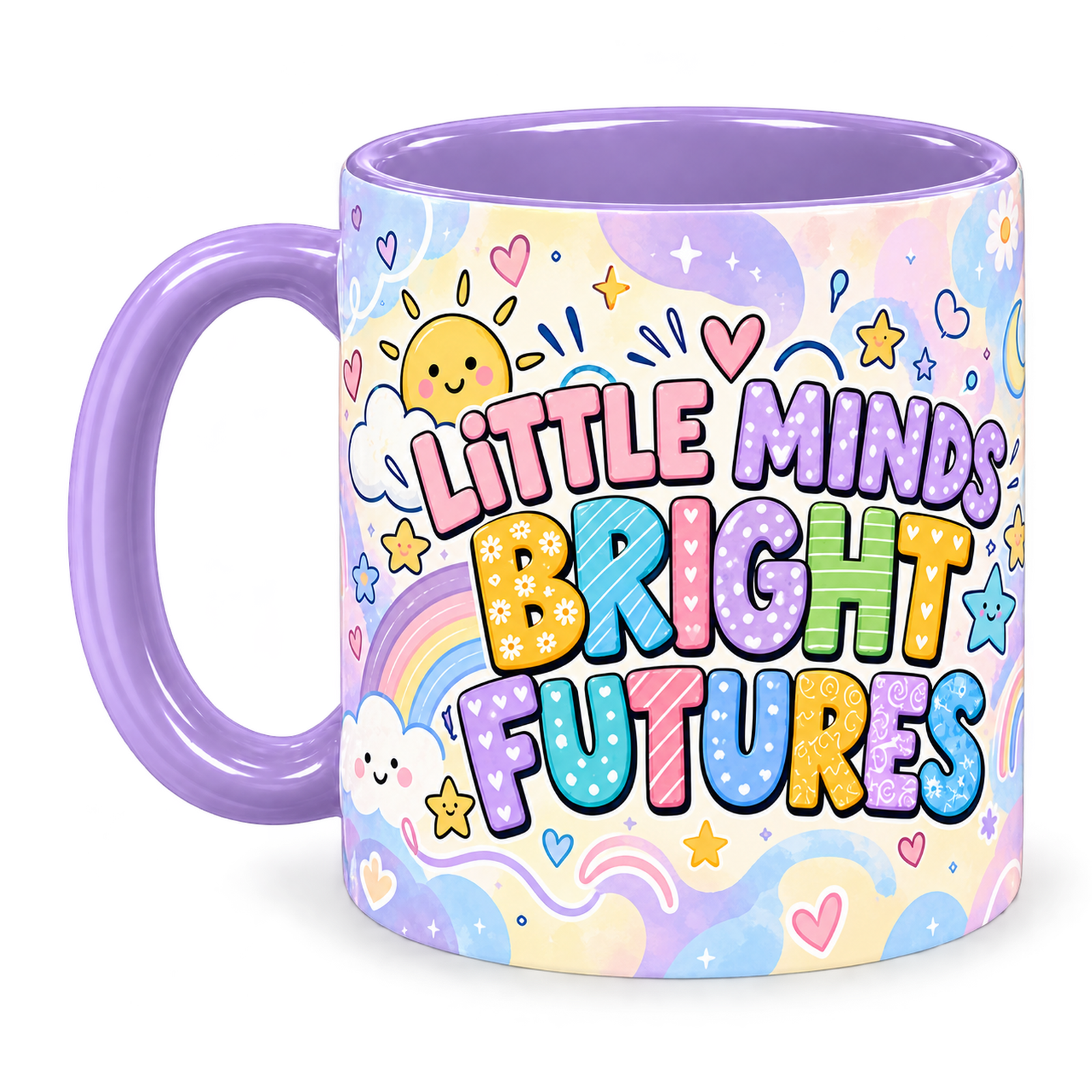 Pastel Rainbow Lessons Teacher Mug, light purple – handle on the left, LITTLE MINDS BRIGHT FUTURES