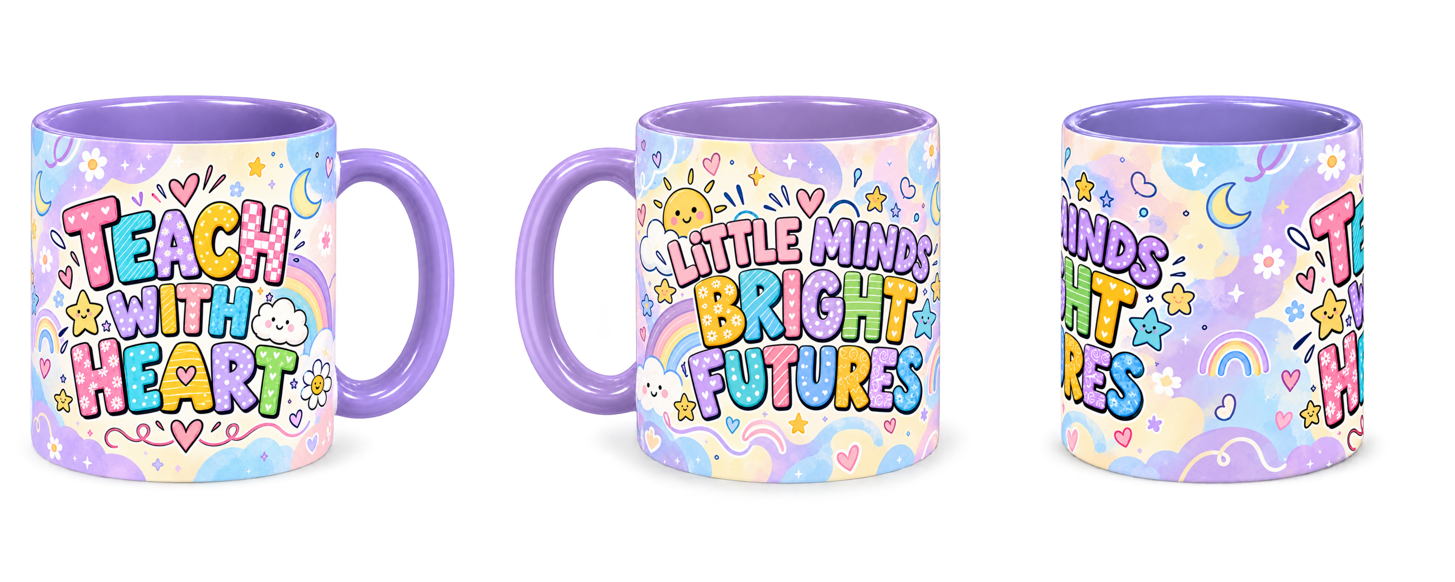 Pastel Rainbow Lessons Teacher Mug, light purple – right, left and centre views side by side
