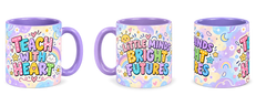 Pastel Rainbow Lessons Teacher Mug, light purple – right, left and centre views side by side