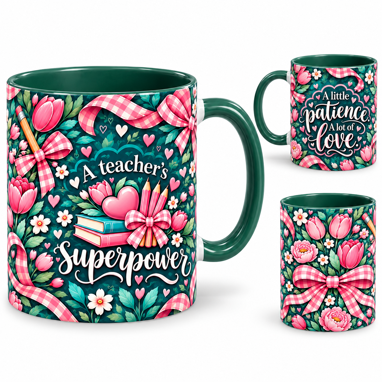 Patient Hearts Mug – 320ml, dark green ceramic mug, views of the full-wrap Teacher’s Day design