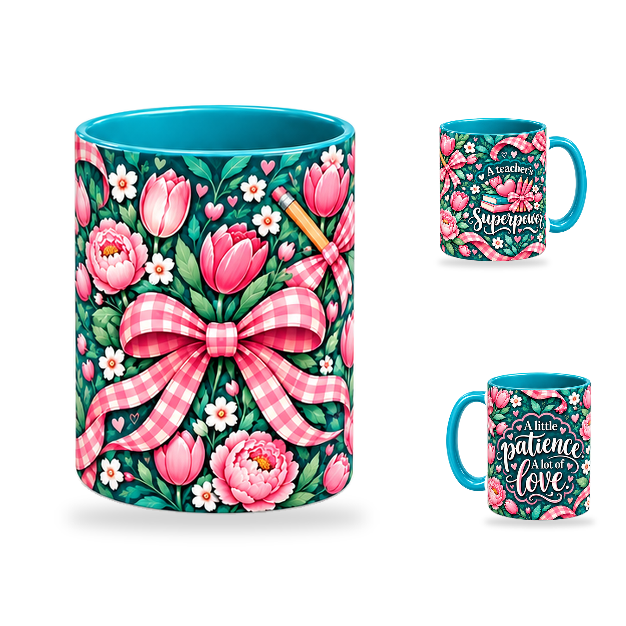 Patient Hearts Mug – 320ml, Teal ceramic mug, centre-pattern of the Teacher’s Day artwork
