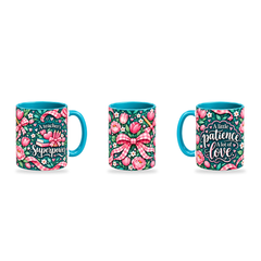 Patient Hearts Mug – 320ml, Teal ceramic mug, three-angle overview of the Teacher’s Day artwork
